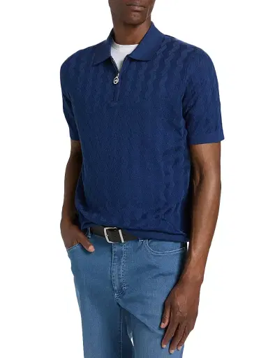 Stefano Ricci Men's Textured Silk-Cotton Quarter-Zip Polo Shirt - Dark Blue - Size 48 | Thumbnail 3