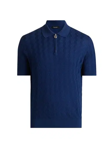 Stefano Ricci Men's Textured Silk-Cotton Quarter-Zip Polo Shirt - Dark Blue - Size 48 | Thumbnail 1