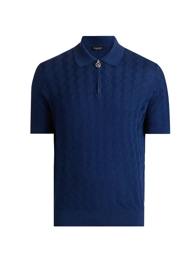 Men's Textured Silk-Cotton Quarter-Zip Polo Shirt - Dark Blue