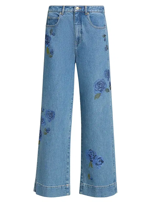 Women's Betsy Crystal Roses Crop Wide-Leg Jeans - Horizon Multi