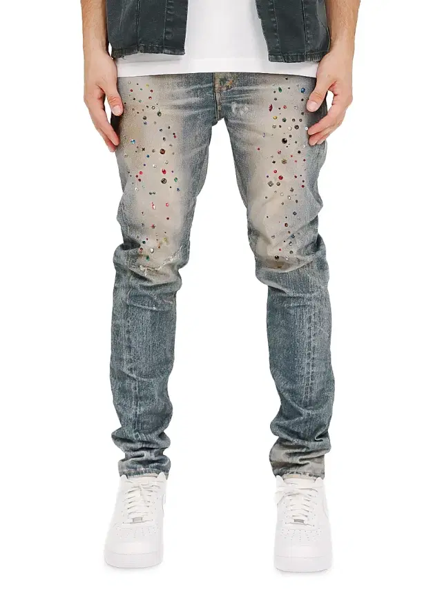 Men's Embellished Distressed Denim Skinny Jeans - Light Indigo