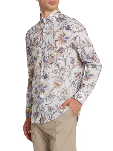 Etro Men's Foliage-Print Cotton Button-Front Shirt | Thumbnail 4