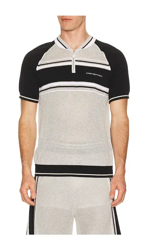 Metallic Mesh Stripe Zip Polo