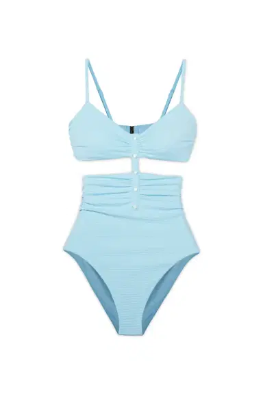 Simkhai JUNE RIBBED CUTOUT HENLEY RUCHED SWIMSUIT | Thumbnail 1