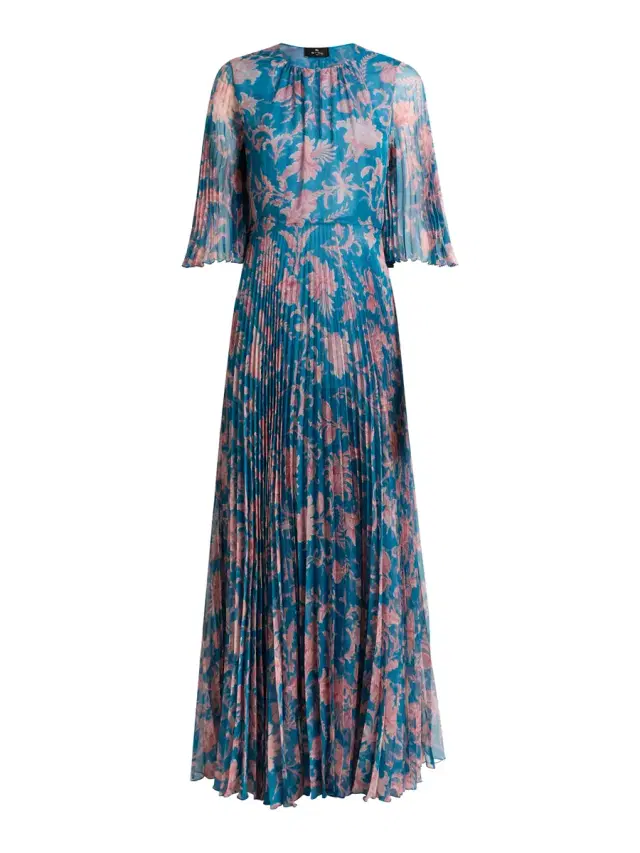 Paisley Pleated Maxi Dress with Flared Sleeves