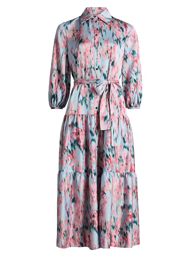 Misook Women's Floral Crepe De Chine Tiered Maxi Dress - Pink Parfait Multi