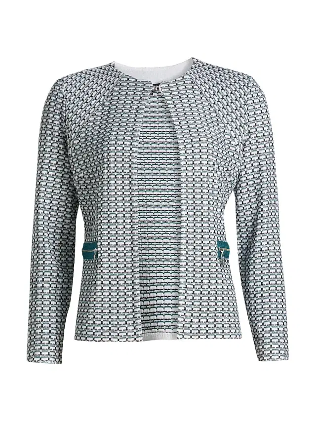 Women's Basketweave Knit Fitted Jacket - Spruce White Black