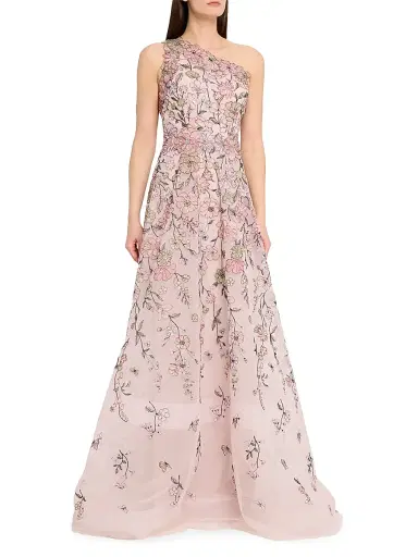 Teri Jon by Rickie Freeman Women's Floral-Embroidered One-Shoulder Tulle Gown - Blush Multi - Size 18 | Thumbnail 3 Teri Jon by Rickie Freeman Women's Floral-Embroidered One-Shoulder Tulle Gown - Blush Multi - Size 18 | Thumbnail 3