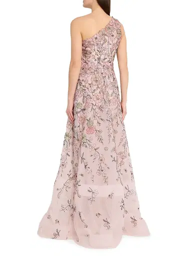 Teri Jon by Rickie Freeman Women's Floral-Embroidered One-Shoulder Tulle Gown - Blush Multi - Size 18 | Thumbnail 4 Teri Jon by Rickie Freeman Women's Floral-Embroidered One-Shoulder Tulle Gown - Blush Multi - Size 18 | Thumbnail 4