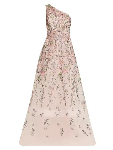 Teri Jon by Rickie Freeman Women's Floral-Embroidered One-Shoulder Tulle Gown - Blush Multi - Size 18 | Thumbnail 1 Teri Jon by Rickie Freeman Women's Floral-Embroidered One-Shoulder Tulle Gown - Blush Multi - Size 18 | Thumbnail 1