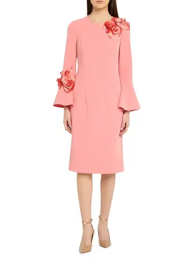 Teri Jon by Rickie Freeman Women's Flower Appliqué Flair-Cuff Mikado Crepe Midi-Dress | Thumbnail 2