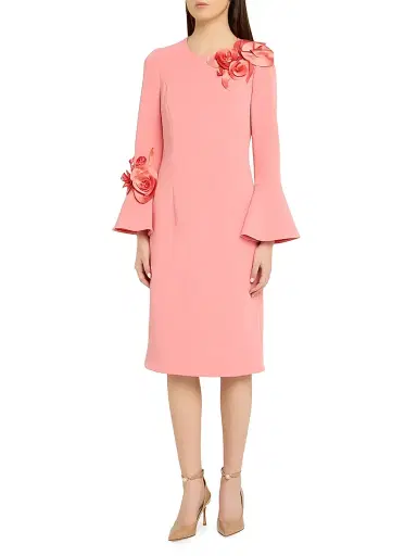 Teri Jon by Rickie Freeman Women's Flower Appliqué Flair-Cuff Mikado Crepe Midi-Dress | Thumbnail 3