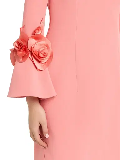 Teri Jon by Rickie Freeman Women's Flower Appliqué Flair-Cuff Mikado Crepe Midi-Dress | Thumbnail 5