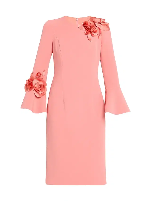 Teri Jon by Rickie Freeman Women's Flower Appliqué Flair-Cuff Mikado Crepe Midi-Dress - Salmon