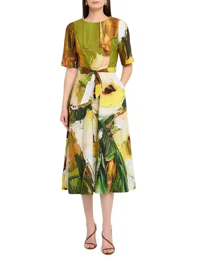 Teri Jon by Rickie Freeman Women's Paint-Print Boatneck Cotton Apron Midi-Dress | Thumbnail 2