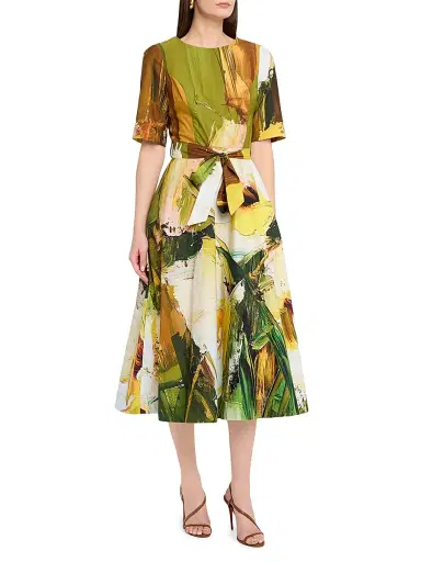Teri Jon by Rickie Freeman Women's Paint-Print Boatneck Cotton Apron Midi-Dress | Thumbnail 3