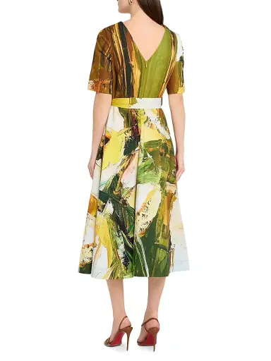 Teri Jon by Rickie Freeman Women's Paint-Print Boatneck Cotton Apron Midi-Dress | Thumbnail 4