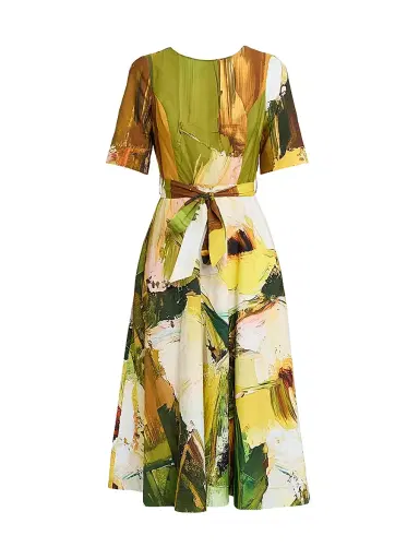 Teri Jon by Rickie Freeman Women's Paint-Print Boatneck Cotton Apron Midi-Dress | Thumbnail 1