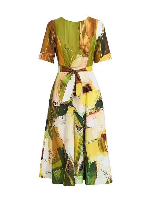 Teri Jon by Rickie Freeman Women's Paint-Print Boatneck Cotton Apron Midi-Dress - Copper Mult