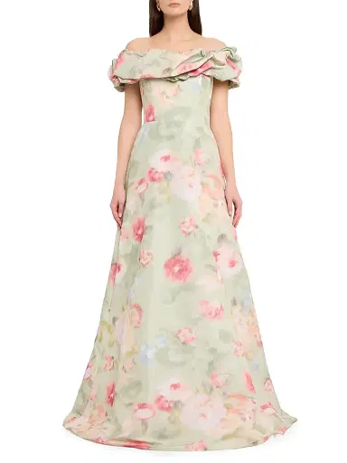 Teri Jon by Rickie Freeman Women's Floral Off-the-Shoulder Taffeta A-Line Gown - Mint Mult - Size 18 | Thumbnail 2