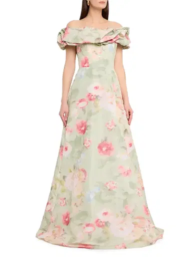 Teri Jon by Rickie Freeman Women's Floral Off-the-Shoulder Taffeta A-Line Gown - Mint Mult - Size 18 | Thumbnail 3