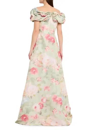 Teri Jon by Rickie Freeman Women's Floral Off-the-Shoulder Taffeta A-Line Gown - Mint Mult - Size 18 | Thumbnail 4