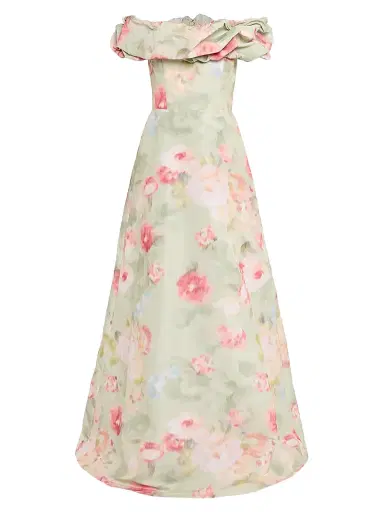 Teri Jon by Rickie Freeman Women's Floral Off-the-Shoulder Taffeta A-Line Gown - Mint Mult - Size 18 | Thumbnail 1