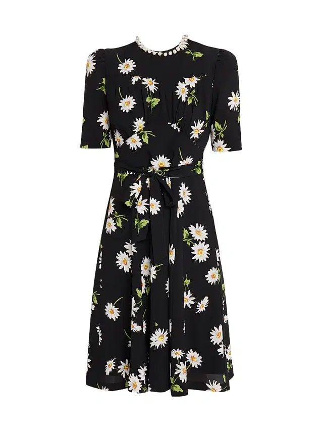 Teri Jon by Rickie Freeman Women's Imitation Pearl-Neck Daisy Crepe Above-The-Knee Dress - Black Multi