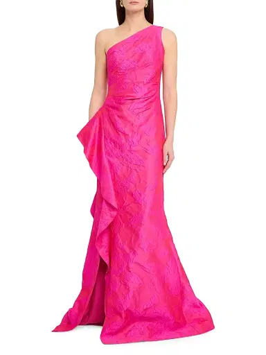 Teri Jon by Rickie Freeman Women's Ruffled One-Shoulder Sleeveless Gown - Hot Pink - Size 18 | Thumbnail 2