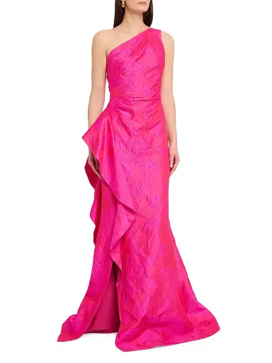 Teri Jon by Rickie Freeman Women's Ruffled One-Shoulder Sleeveless Gown - Hot Pink - Size 18 | Thumbnail 3