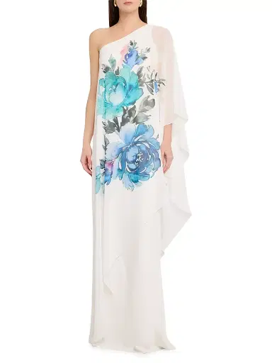 Teri Jon by Rickie Freeman Women's Floral Chiffon Crepe-Overlay One-Shoulder Cape Gown - White Multi - Size 10 | Thumbnail 2