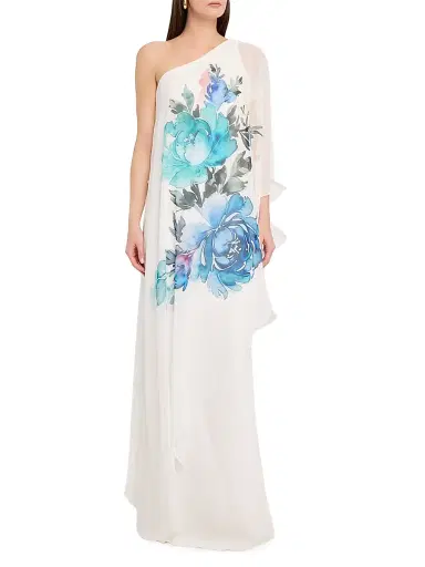 Teri Jon by Rickie Freeman Women's Floral Chiffon Crepe-Overlay One-Shoulder Cape Gown - White Multi - Size 10 | Thumbnail 3
