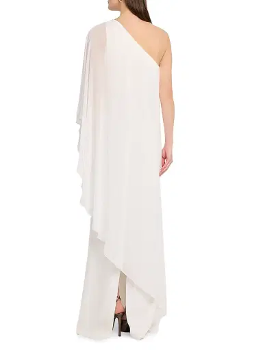 Teri Jon by Rickie Freeman Women's Floral Chiffon Crepe-Overlay One-Shoulder Cape Gown - White Multi - Size 10 | Thumbnail 4