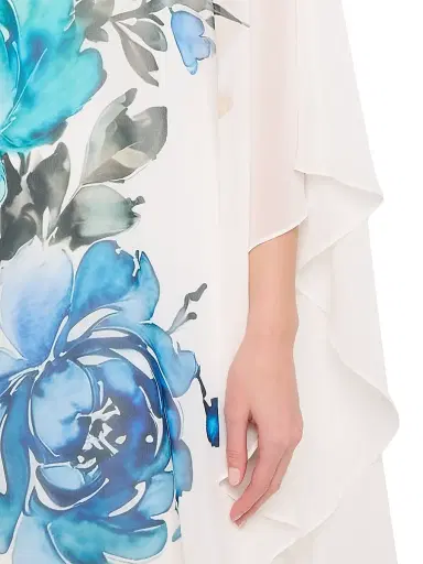 Teri Jon by Rickie Freeman Women's Floral Chiffon Crepe-Overlay One-Shoulder Cape Gown - White Multi - Size 10 | Thumbnail 5