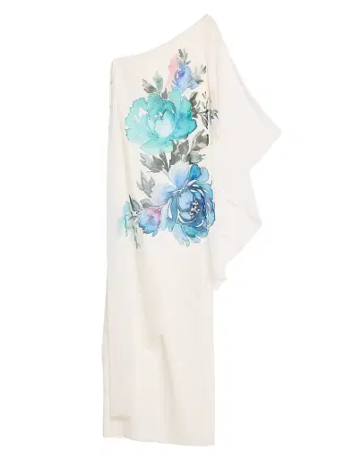 Teri Jon by Rickie Freeman Women's Floral Chiffon Crepe-Overlay One-Shoulder Cape Gown - White Multi - Size 10 | Thumbnail 1