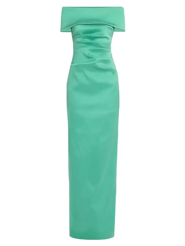 Teri Jon by Rickie Freeman Women's Off-the-Shoulder Mikado Column Gown - Kiwi Green
