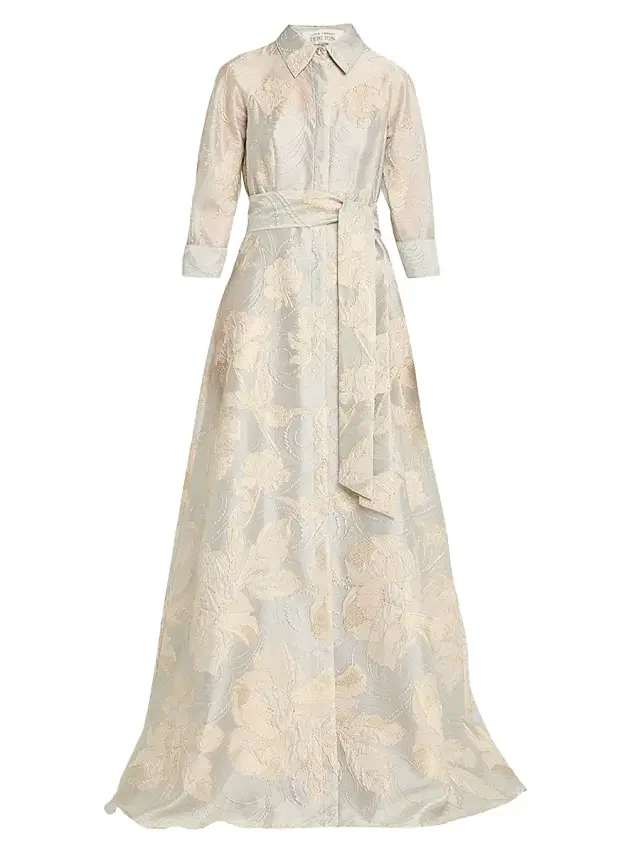 Teri Jon by Rickie Freeman Women's Floral Metallic Jacquard Shirtdress Gown - Plat Gold