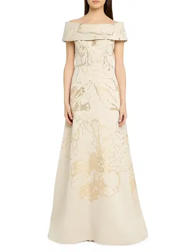 Teri Jon by Rickie Freeman Women's Metallic Jacquard Off-The-Shoulder Gown - Cham Gold | Thumbnail 2
