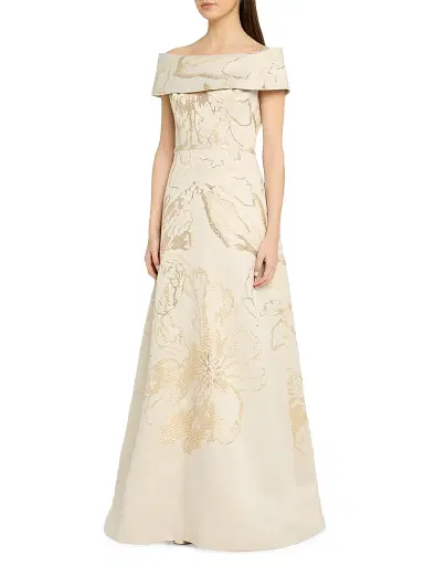 Teri Jon by Rickie Freeman Women's Metallic Jacquard Off-The-Shoulder Gown - Cham Gold | Thumbnail 3