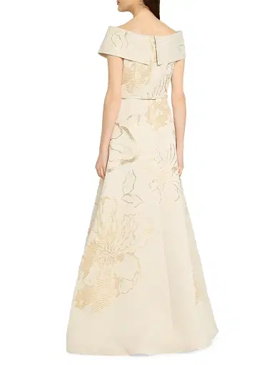 Teri Jon by Rickie Freeman Women's Metallic Jacquard Off-The-Shoulder Gown - Cham Gold | Thumbnail 4