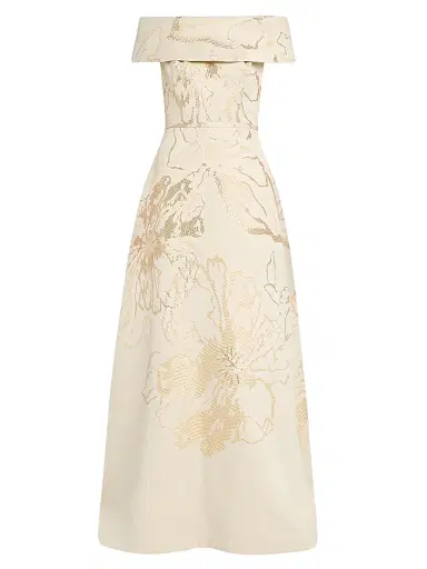 Teri Jon by Rickie Freeman Women's Metallic Jacquard Off-The-Shoulder Gown - Cham Gold | Thumbnail 1