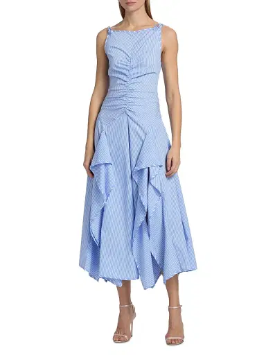 Aknvas Women's Morgan Striped Cotton-Blend Poplin Midi-Dress - Blue Stripe - Size 4 | Thumbnail 3
