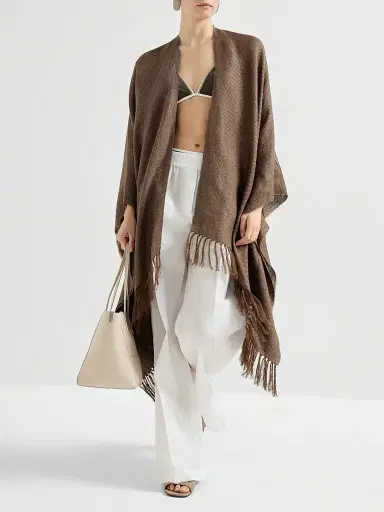 Brunello Cucinelli Women's Sparkling Linen Cover Poncho - Brown | Thumbnail 6