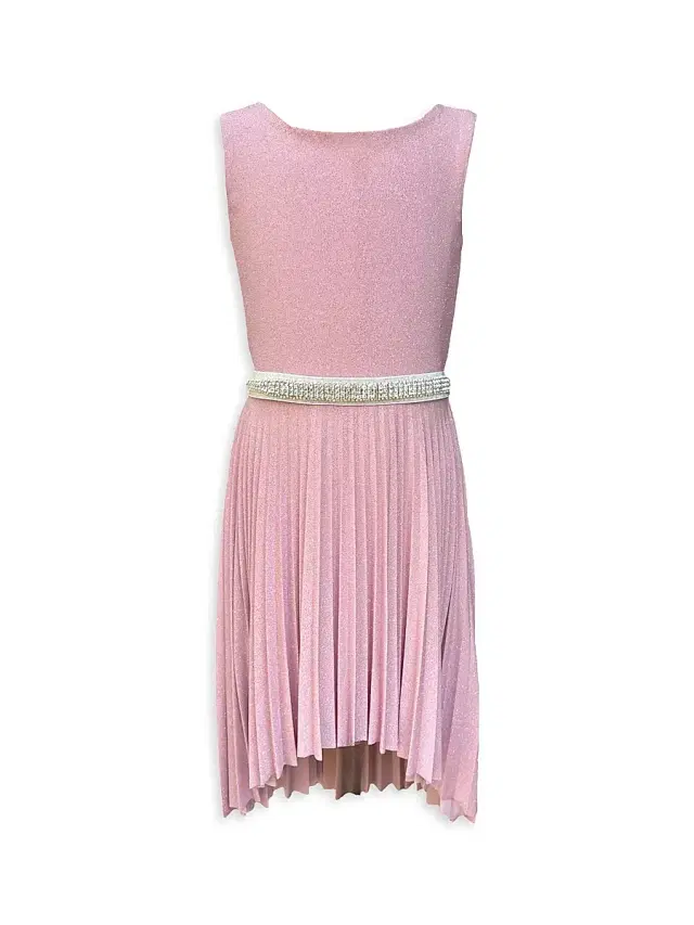 Girl's Glitter Pleated High-Low Dress - Rose