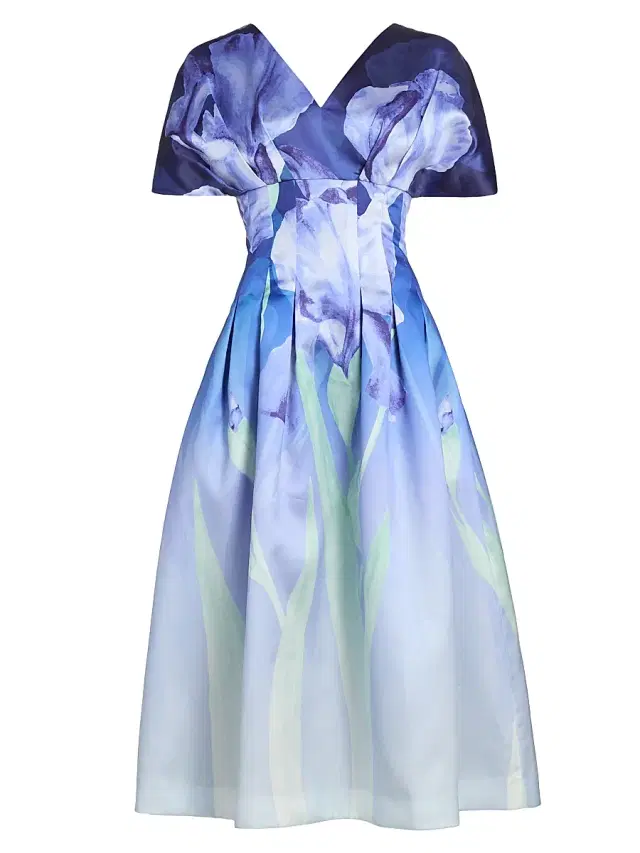 Theia Women's Luretta Contoured Waist Midi-Dress - Moonlight Bloom