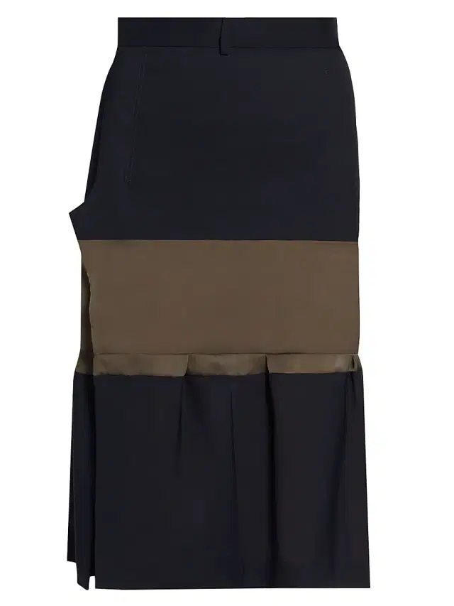 sacai Women's Mixed-Media Wool-Mesh Midi-Skirt - Navy Khaki