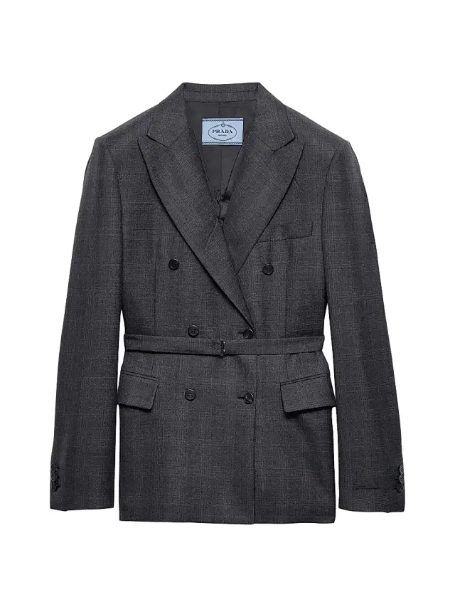 Women's Double-Breasted Checked Wool Jacket - Grey