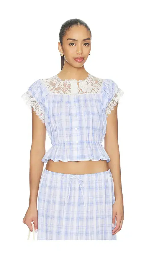 Lace Trim Button Check Top