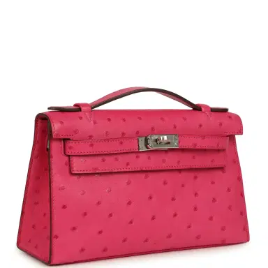 HERMÈS Hermes Kelly Pochette Rose Tyrien Ostrich Palladium Hardware | Thumbnail 2
