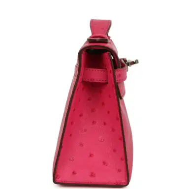HERMÈS Hermes Kelly Pochette Rose Tyrien Ostrich Palladium Hardware | Thumbnail 3